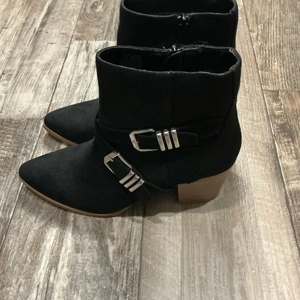 Sun + Stone Black Ankle Boots with Silver Buckles Size 7